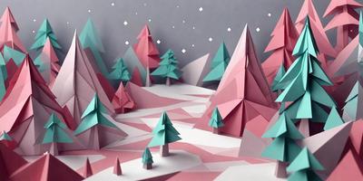 The primary subject of the image is a snowy landscape featuring a forest of trees. The setting is a wintery environment with snow covering the ground and trees. The visual style is a combination of digital art and illustration, creating a unique and captivating scene. The colors and mood of the image are predominantly white and pink, giving it a serene and peaceful atmosphere.
